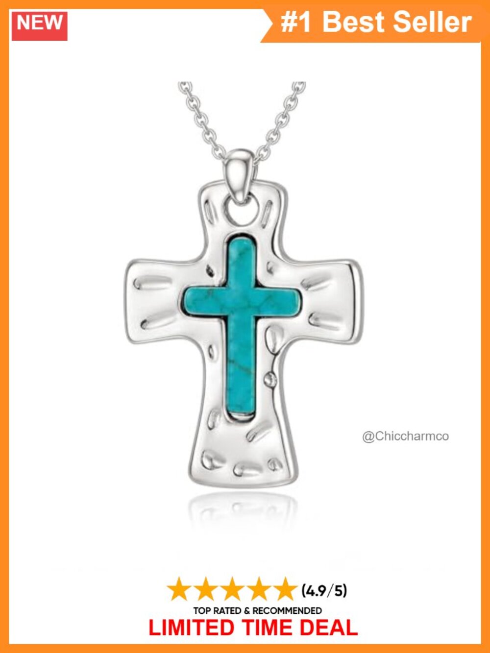 Turquoise Cross Necklace 14k White Gold Plated Copper Pendant Bohemian